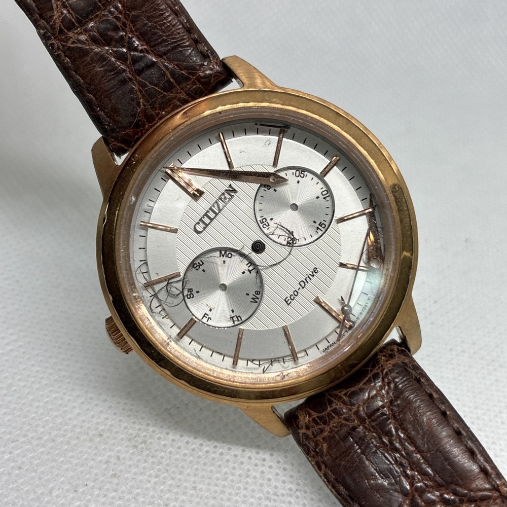 Citizen Eco-Drive Watch Men 41mm Silver Dial Gold Tone Daydate 8725 - UNTESTED !